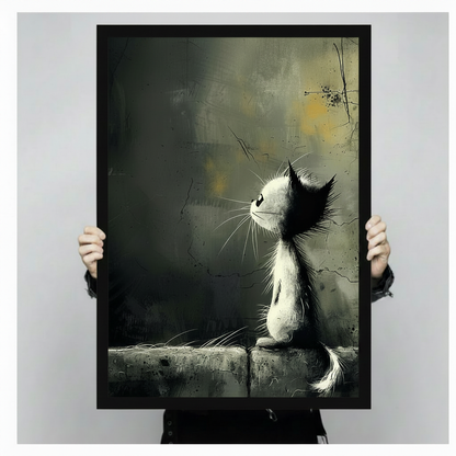 Framed canvas art print of dramatic black and white cat with long whiskers sitting on stone ledge against dark moody background, held up showing full artwork and black frame