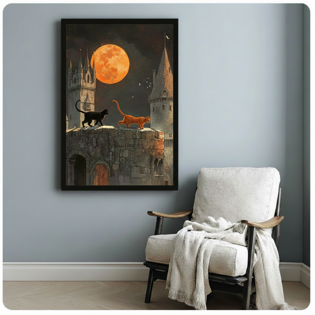 Mystical black and ginger cat castle framed art print on a blue-gray wall beside a linen armchair with a draped cream throw blanket