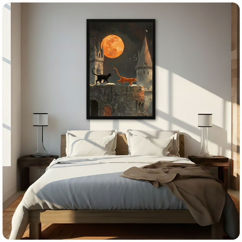Dark fantasy cats on castle wall art above a wooden bed with white linen bedding and minimalist table lamps in a sunlit neutral bedroo