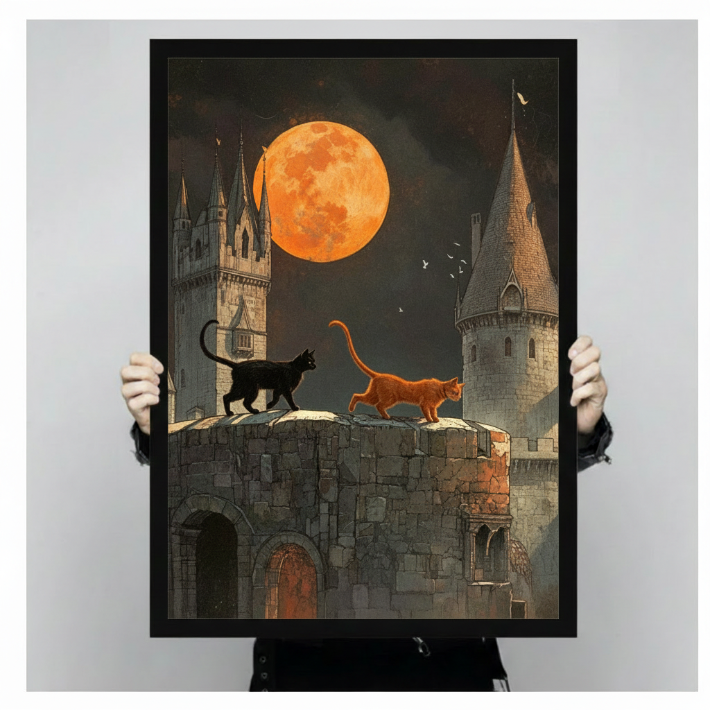Halloween-style gothic cat and castle framed poster print held up against a neutral gray background, showing print detail and black frame finish