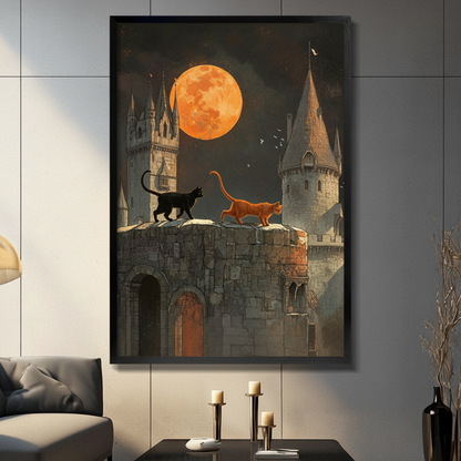 Black and orange cat on a moonlit medieval castle wall art print, framed in black, displayed in a modern dark living room with candlestick decor