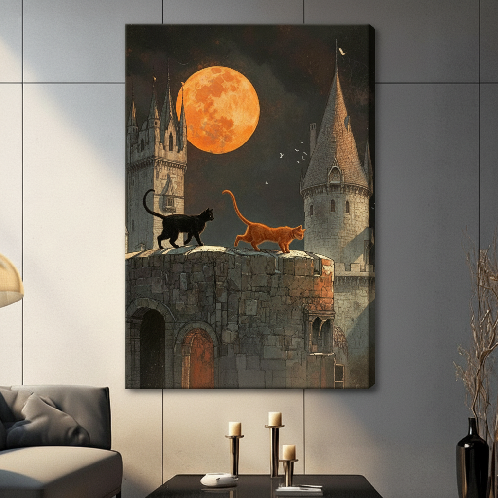 Gothic fantasy cat canvas wall art featuring two cats on a stone castle under a full orange moon, gallery wrap, dark living room setting