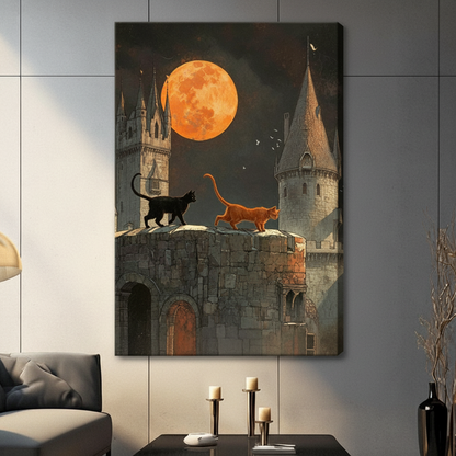 Gothic fantasy cat canvas wall art featuring two cats on a stone castle under a full orange moon, gallery wrap, dark living room setting