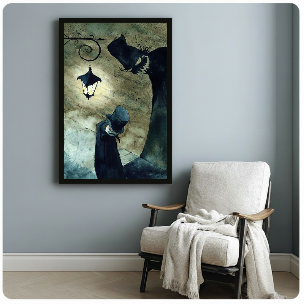 Black framed gothic art print showing cloaked mysterious figure under iron street lantern, styled beside white linen armchair

