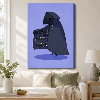 Canvas wall art of a mysterious hooded crow with a jewel-lined cloak on a periwinkle background, displayed above a white linen sofa in a bright neutral living room