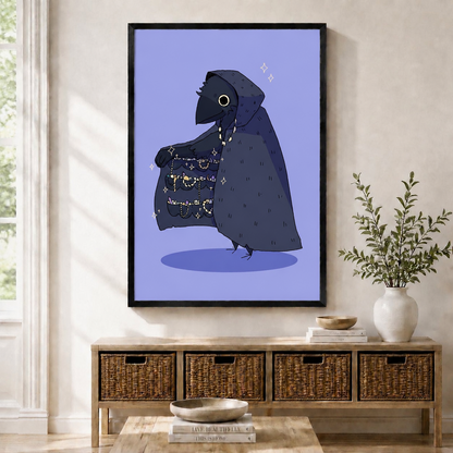 Black-framed gothic crow wall art print featuring a hooded raven displaying a sparkling treasure cloak, hung above a wicker storage console in a Scandinavian entryway
