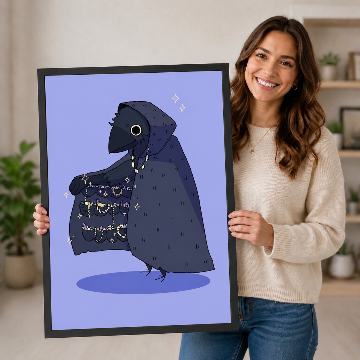 Smiling woman holding a large black-framed gothic crow art print, showcasing the hooded raven with treasure cloak design and print size in a home interior setting