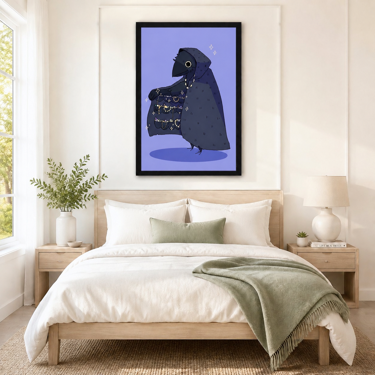 Large framed gothic crow wall art with periwinkle background and sparkling cloak, hung above a natural wood bed frame in a serene Scandinavian-style bedroom