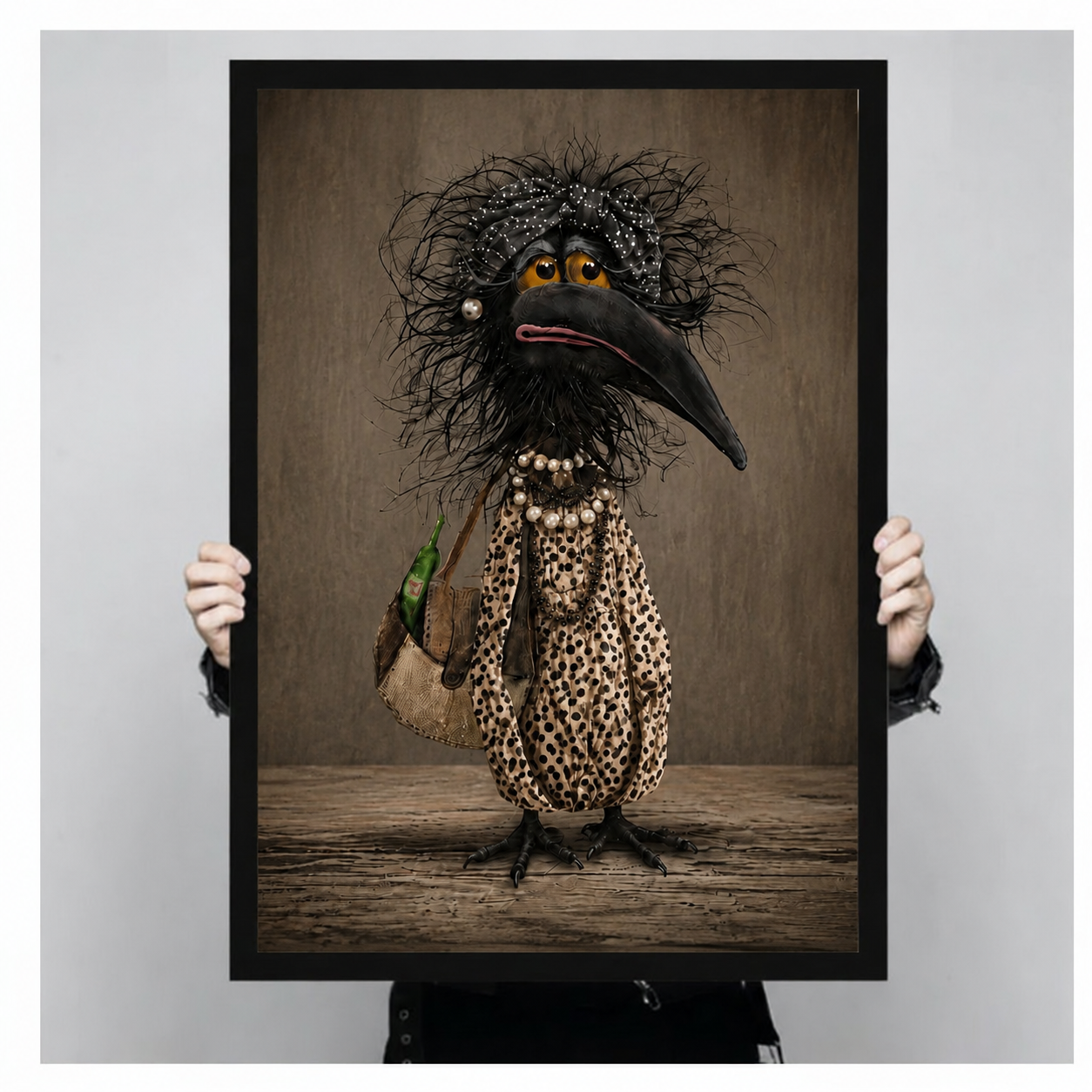 Person holding large framed gothic crow art in leopard outfit — humorous bird portrait print for eclectic home decor
