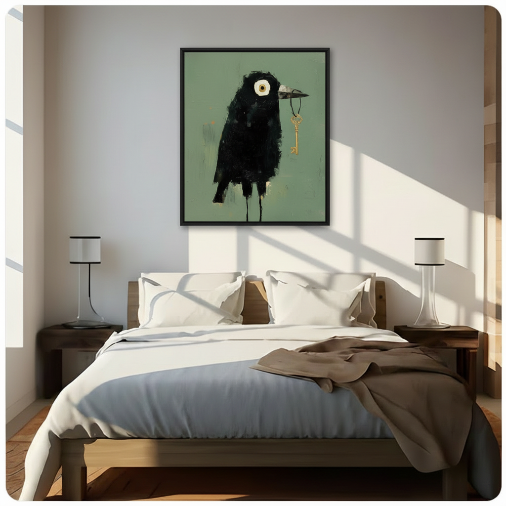 Black framed gothic crow oil painting with dangling gold antique key on sage green background above bed in bright minimalist bedroom