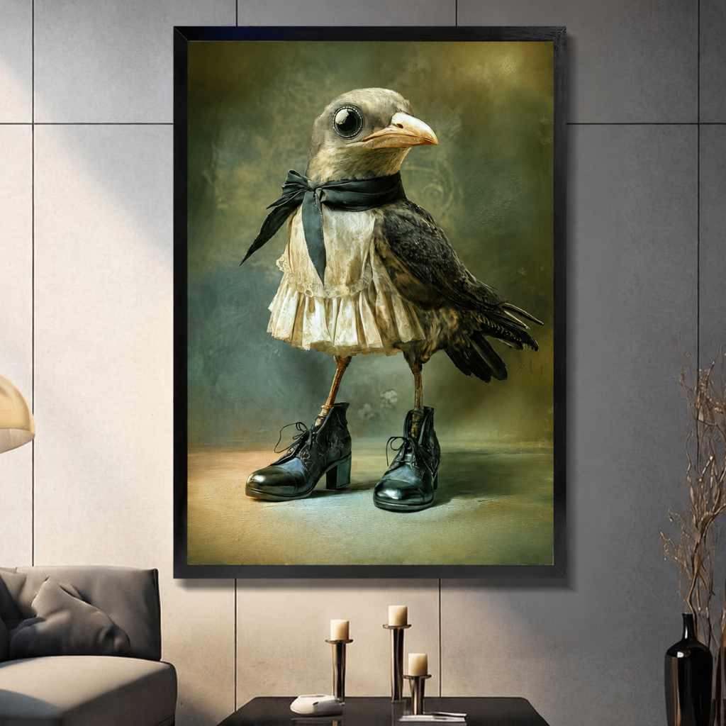 Framed gothic crow wall art in black frame wearing lace dress and leather boots, displayed above candlesticks in a modern living room