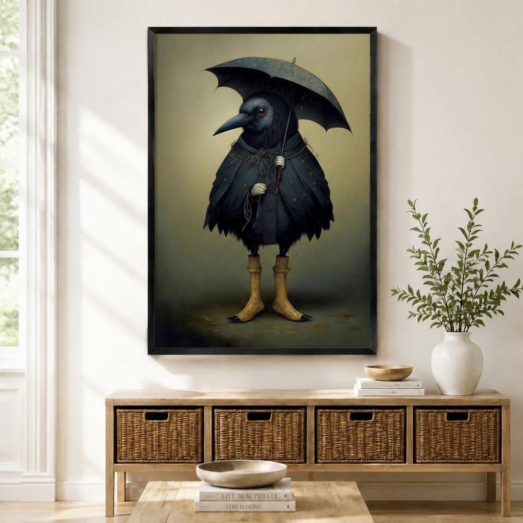 Gothic crow holding umbrella in yellow boots framed canvas print above entryway console — dark fantasy animal wall art
