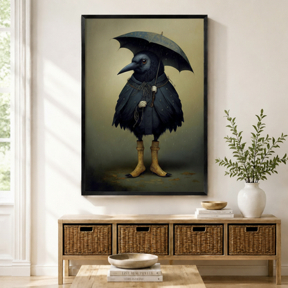 Gothic crow holding umbrella in yellow boots framed canvas print above entryway console — dark fantasy animal wall art