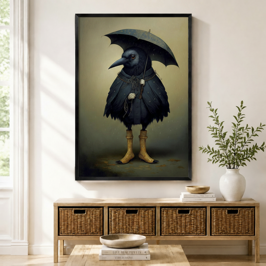 Gothic crow holding umbrella in yellow boots framed canvas print above entryway console — dark fantasy animal wall art