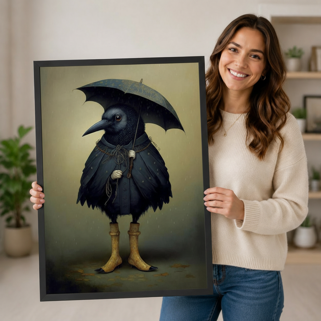 Woman holding large framed gothic crow with umbrella canvas print — whimsical dark bird wall art gift idea