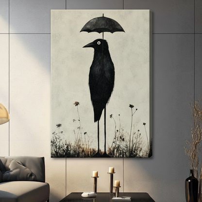 Canvas wrap wall art featuring a whimsical black crow standing tall on spindly legs with a dark umbrella surrounded by delicate wildflowers, hung on a gray wall in a contemporary living room setting