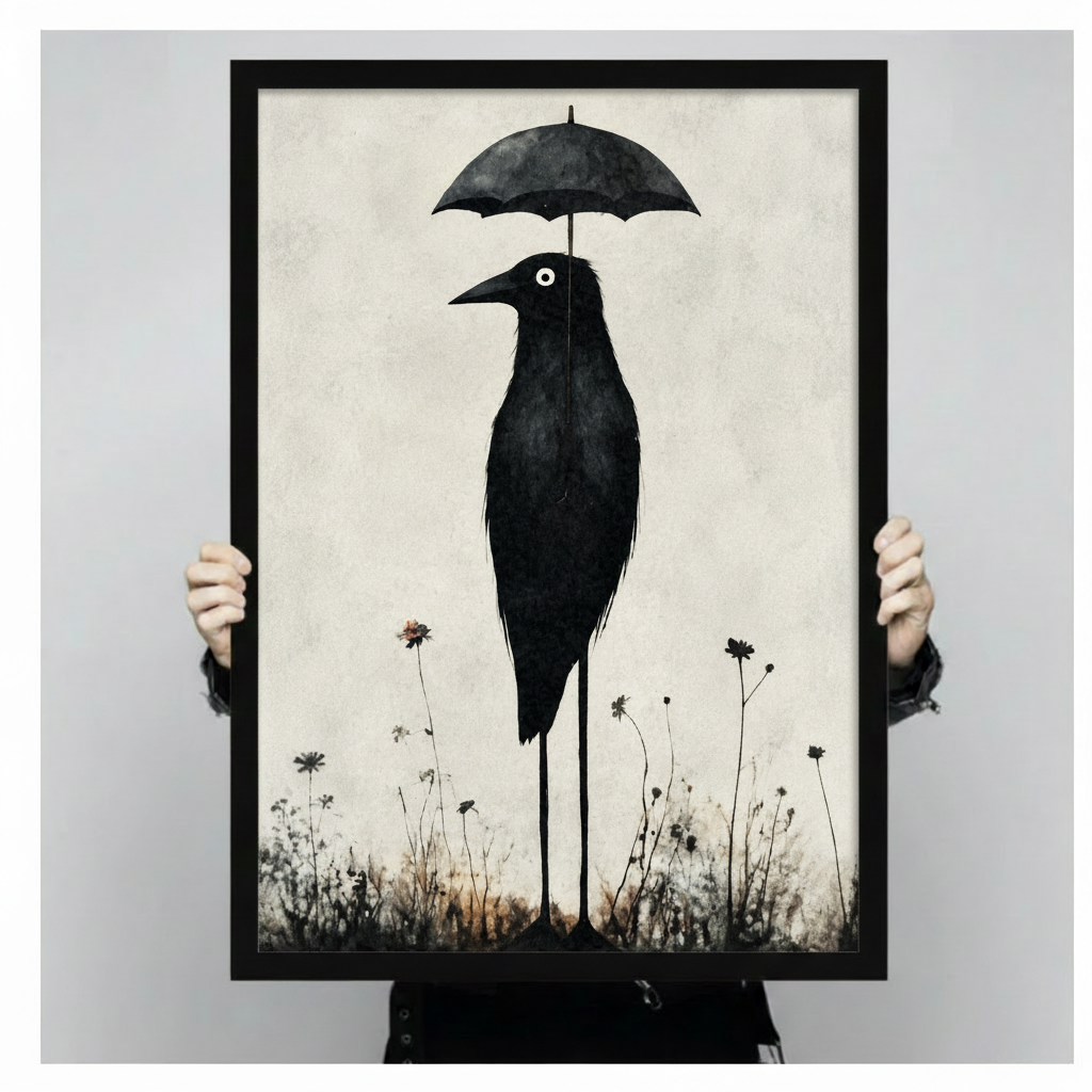 Person holding a large black framed print of a surreal gothic crow on stilted legs carrying an umbrella amid wildflowers, shown against a neutral gray background