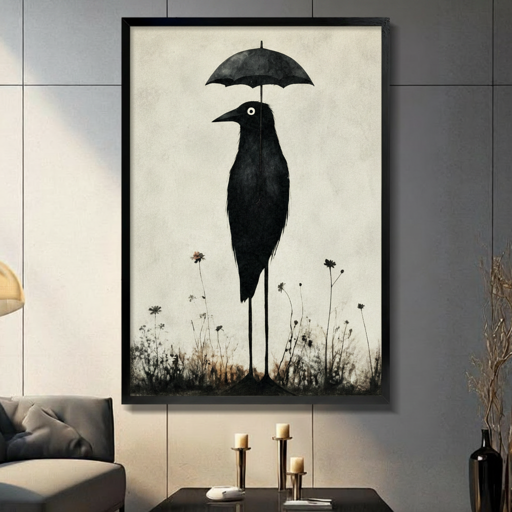 Framed minimalist gothic wall art print of a tall black crow with long legs holding an umbrella among wildflowers on a cream textured background, displayed in a modern living room above a console table with candles
