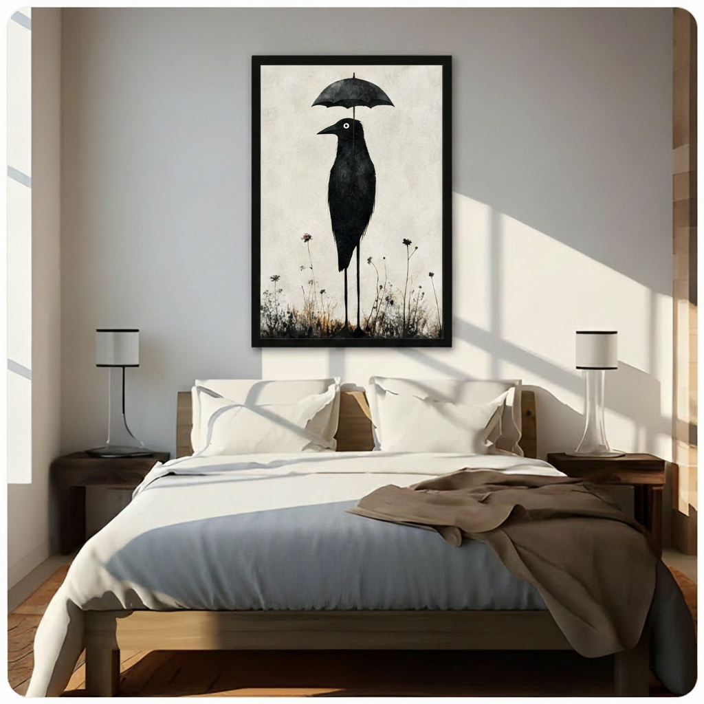 Framed minimalist gothic crow with umbrella and wildflower meadow wall art hung above a bed in a sunlit neutral bedroom with warm wood tones and white bedding, creating a moody yet elegant focal point