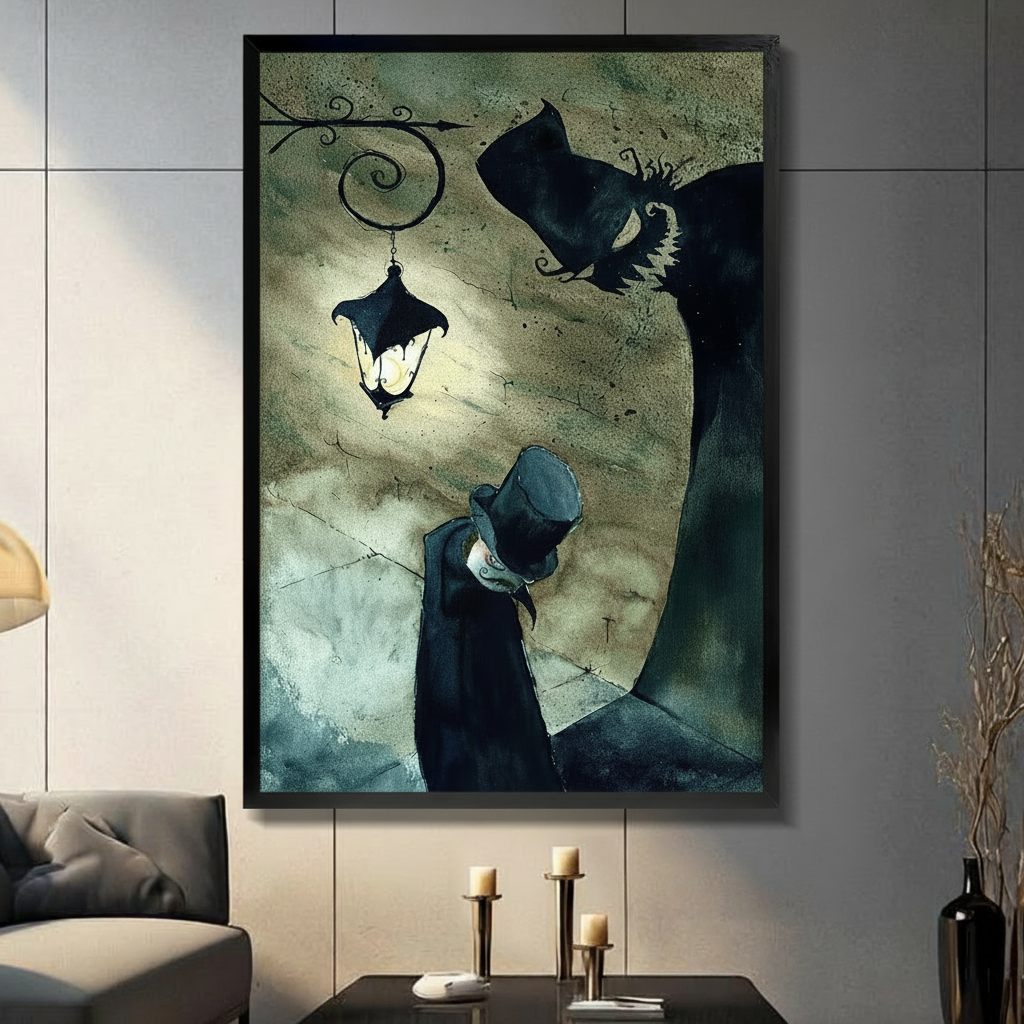 Black framed canvas print of gothic dark figure with top hat and glowing street lantern, displayed on dark wall above console table