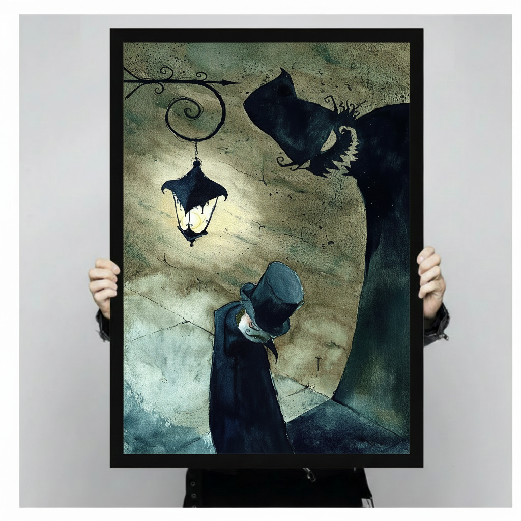 Hand-held black framed gothic poster print featuring shadowy figure with top hat and ornate glowing street lamp illustration