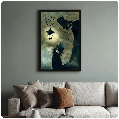 Framed gothic wall art print of shadowy top-hat figure and glowing lantern, displayed above sofa in moody living room setting

