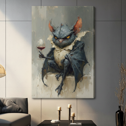Dark fantasy gargoyle with wine glass canvas wrap wall art hung in a modern living room with neutral gray walls and warm ambient lighting