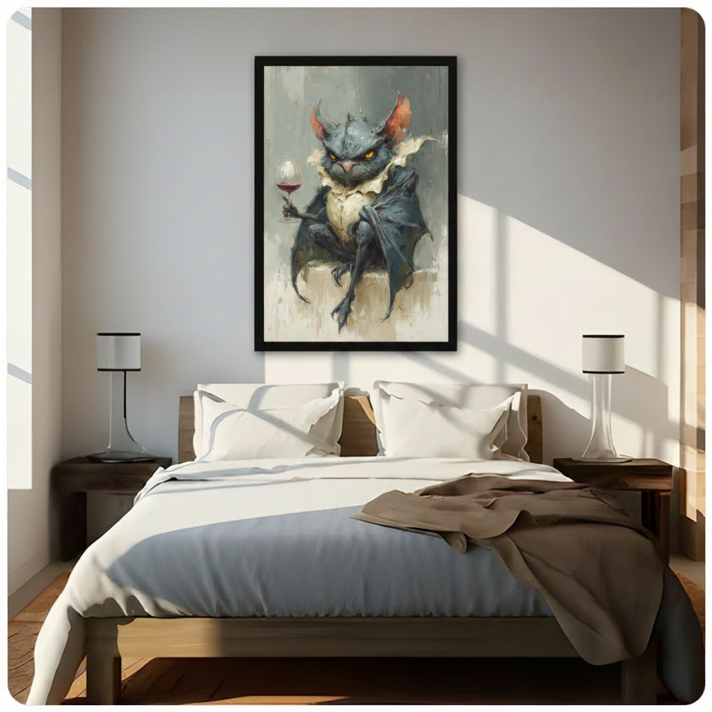 Dark fantasy demon with red wine canvas wall art above a wooden bed with white linen bedding, matching bedside lamps, and warm morning sunlight in a minimalist bedroom