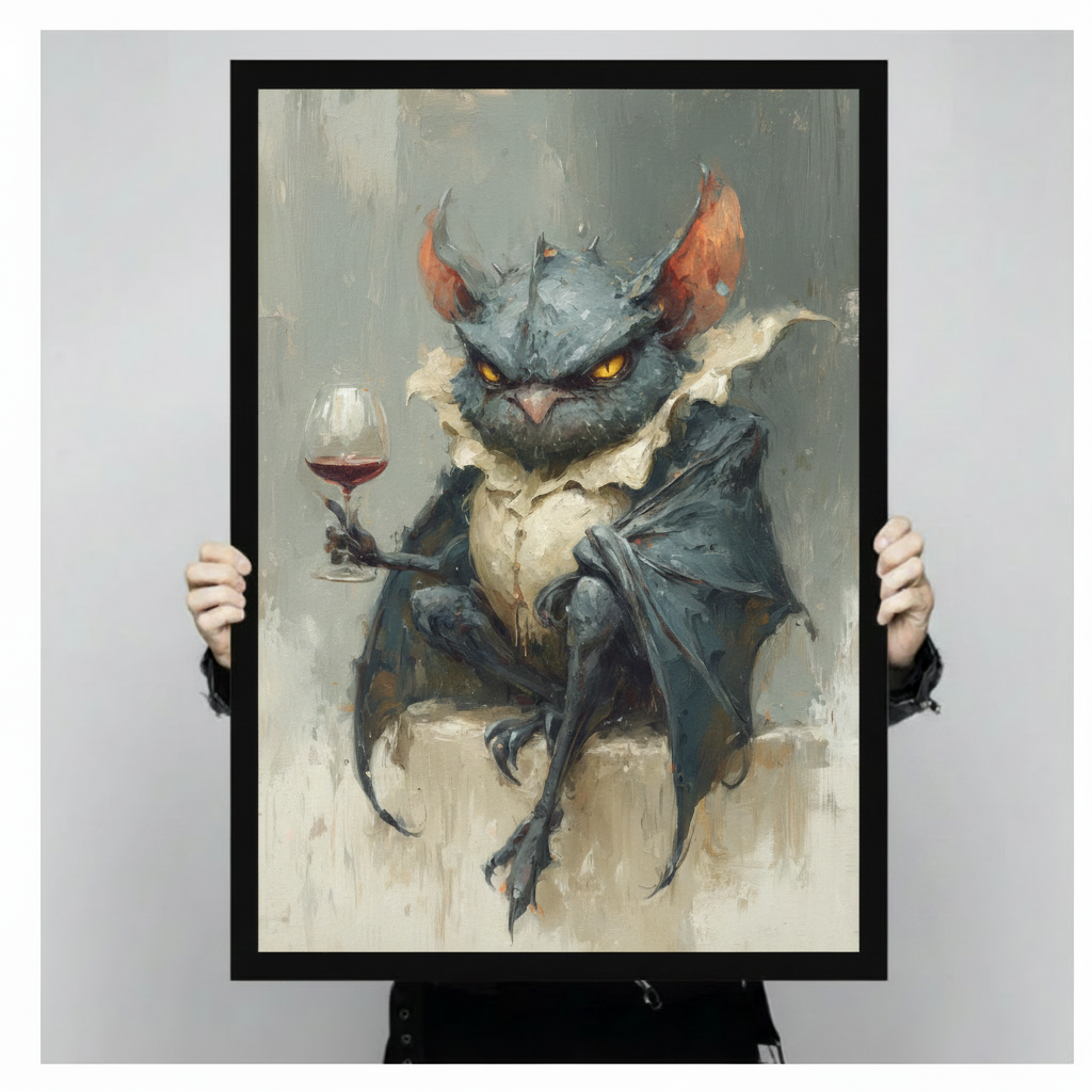 Gothic creature in Victorian collar holding wine glass framed art print held up against a light gray background showing full oil painting detail