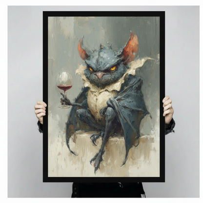 Gothic creature in Victorian collar holding wine glass framed art print held up against a light gray background showing full oil painting detail