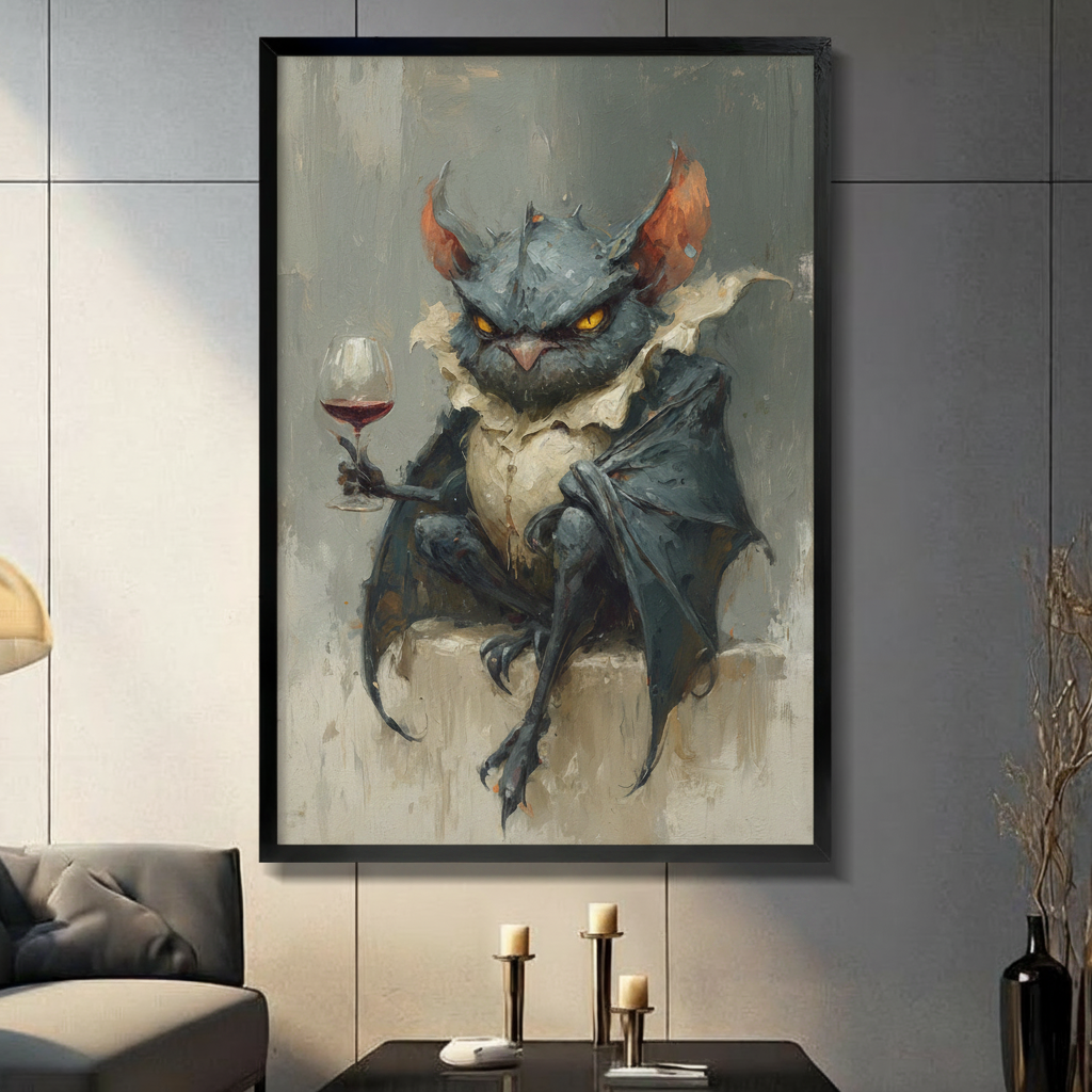 Gothic demon holding a red wine glass framed canvas art displayed in a dark moody living room with candlesticks and charcoal sofa