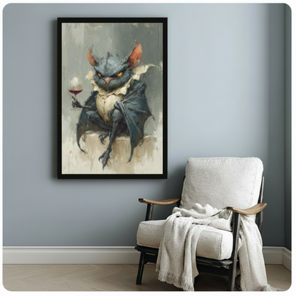 Whimsical gothic demon oil painting framed print on a blue-gray wall above a white linen armchair with a cozy throw blanket in a reading nook