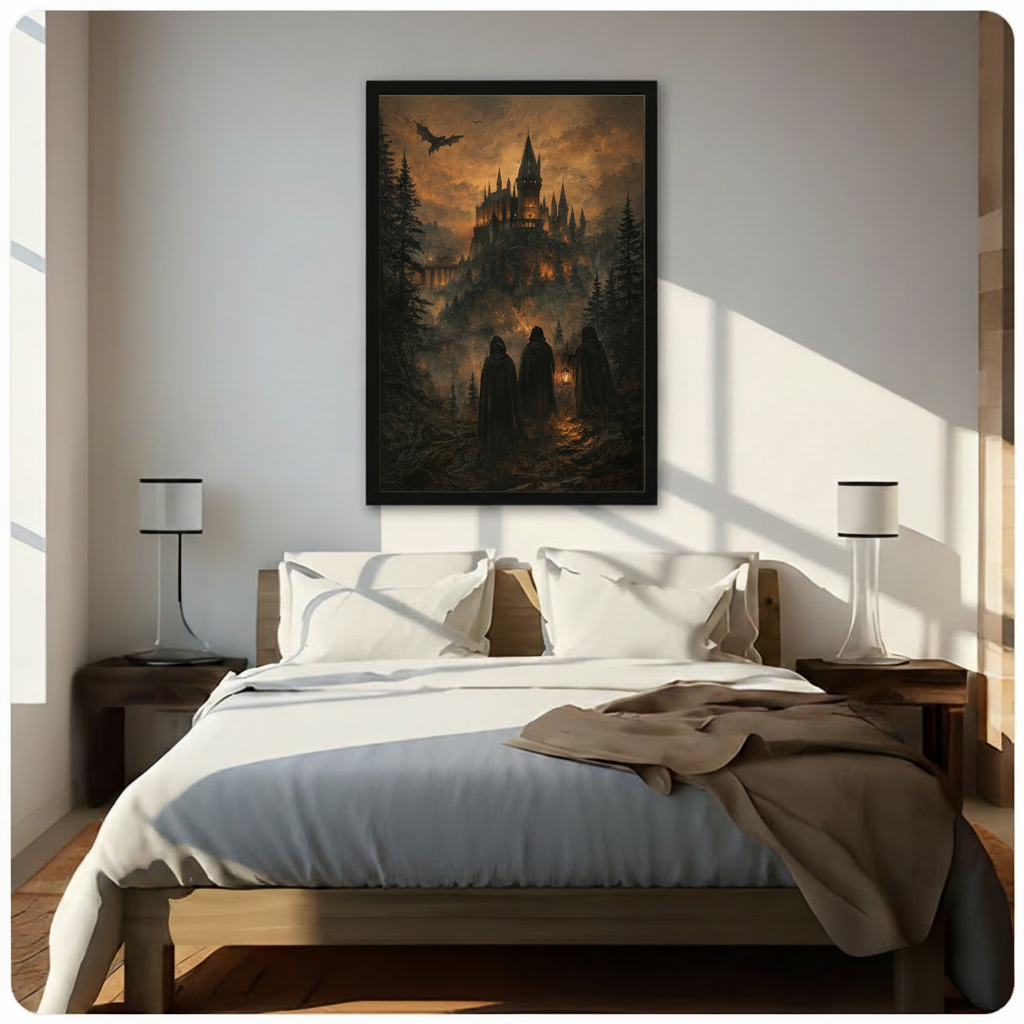 Gothic fantasy castle canvas wall art hung above wooden bed headboard in bedroom, dark atmospheric painting with cloaked figures and amber sky