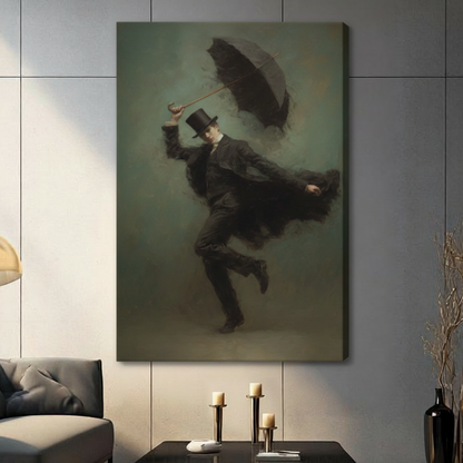 Frameless gallery wrap canvas of dramatic Victorian man in black coat blown by wind displayed on gray paneled wall with candle decor