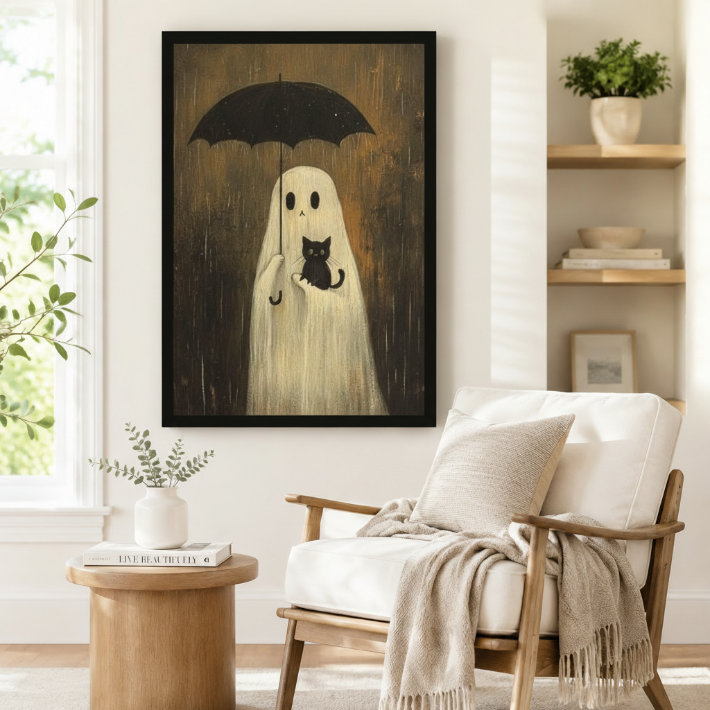 Large black framed Halloween ghost with umbrella and black cat rainy night oil painting beside a white wood-frame armchair with a linen throw blanket, round solid wood side table with a coffee table book, and open shelving with potted greenery