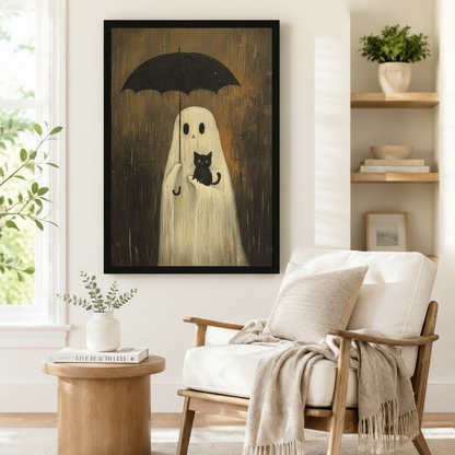 Large black framed Halloween ghost with umbrella and black cat rainy night oil painting beside a white wood-frame armchair with a linen throw blanket, round solid wood side table with a coffee table book, and open shelving with potted greenery
