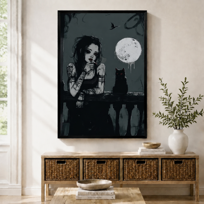 Framed dark gothic wall art print of a tattooed girl leaning on a balcony railing beside a black cat under a glowing full moon at night, displayed above a wicker storage console in a bright Scandinavian living room