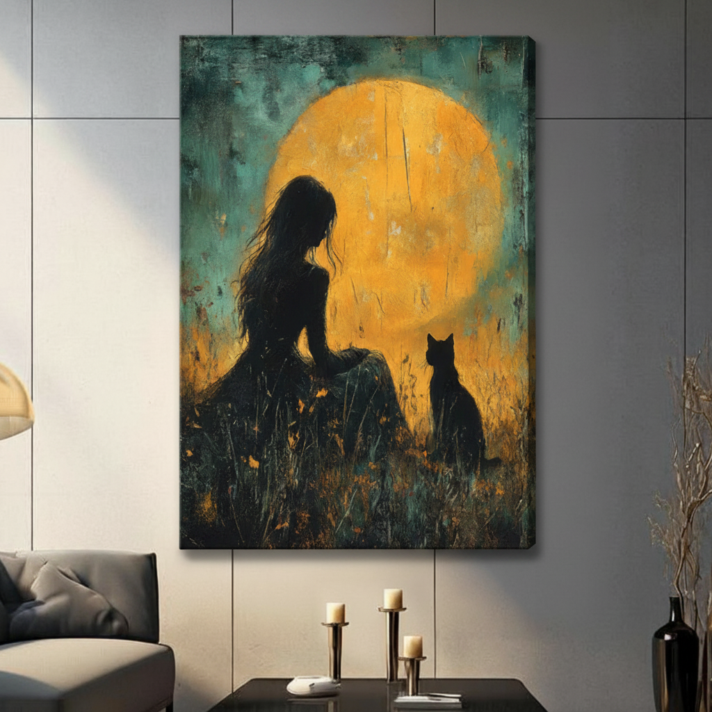 Dark romantic woman and black cat sitting in a moonlit meadow, gallery wrap canvas wall art with no frame, golden full moon oil painting hung in a modern dark gray living room with candlestick decor