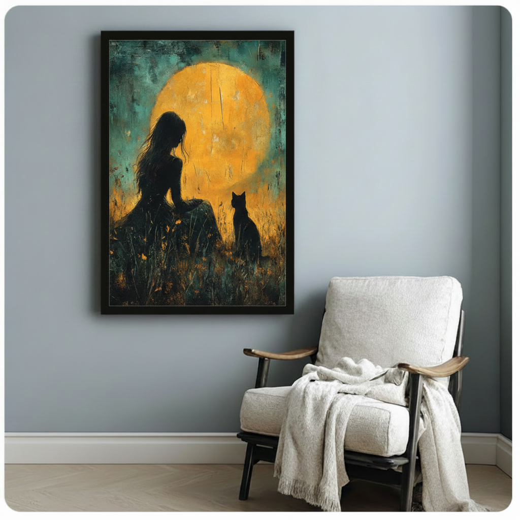 Mysterious girl and black cat silhouette oil painting in black frame on a light gray wall above a white linen armchair with a cream throw blanket, golden moon dark teal gothic canvas print