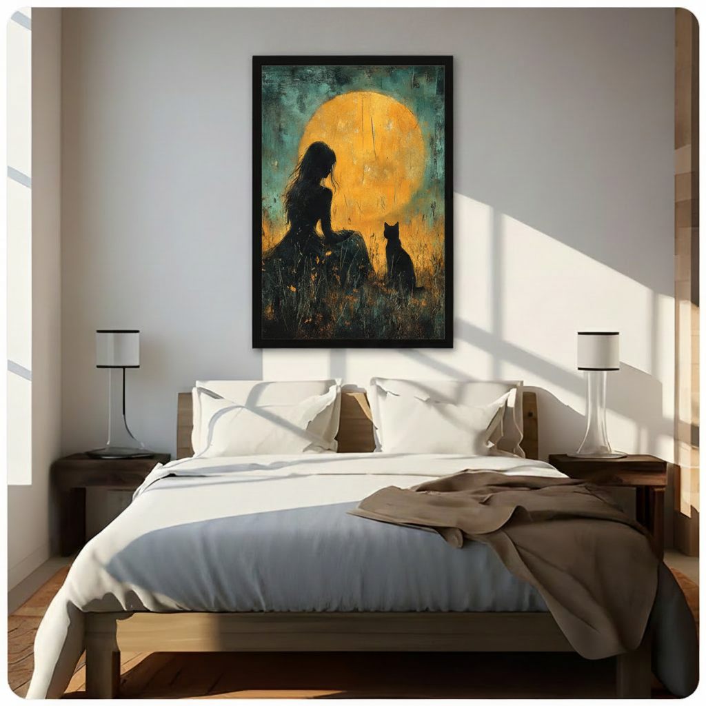 Gothic girl and black cat under golden full moon framed wall art above a bed with white linen bedding, dark wood nightstands and modern table lamps, dark romantic oil painting bedroom decor