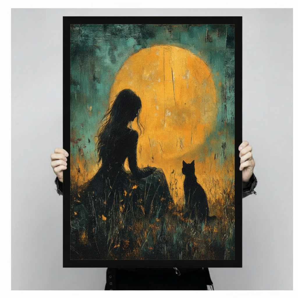 Dark romantic girl and black cat silhouette oil painting in black frame held up against a light gray backdrop, golden full moon gothic canvas wall art print with teal and amber tones