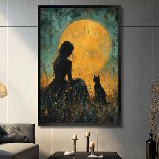 Gothic girl and black cat silhouette under a golden full moon, dark romantic oil painting in black frame, displayed in a moody living room with candlestick holders on a dark console table