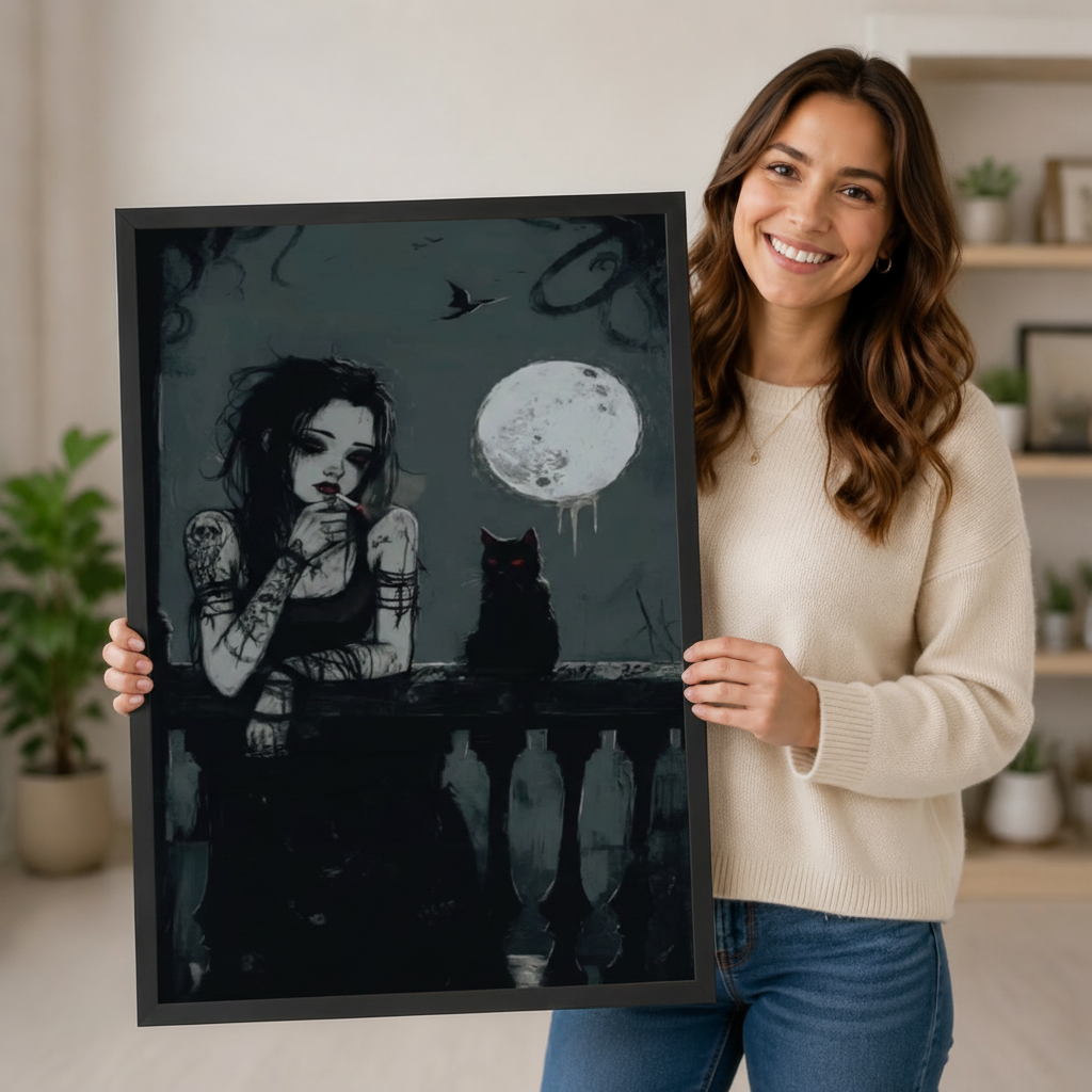 Woman holding a large framed dark gothic art print showing a tattooed girl and black cat on a moonlit balcony with a glowing full moon and flying raven, demonstrating print size and premium black frame quality
