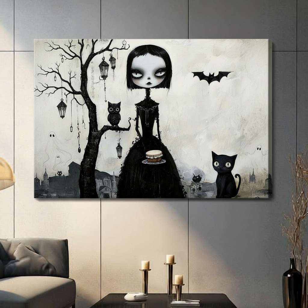  Frameless stretched canvas print of a gothic big-eyed girl surrounded by black cat, owl, bat and spooky lantern tree, hung in a contemporary living room setting