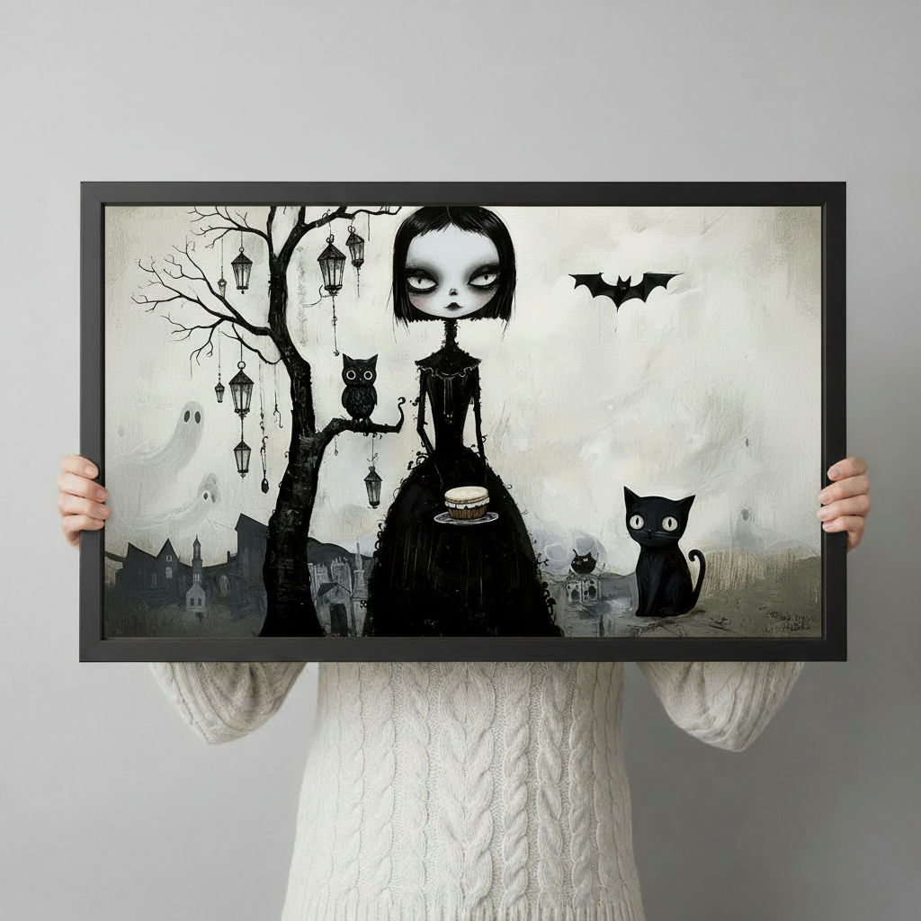 Person holding a black-framed gothic art print showing a dark whimsical girl with owl, black cat, bat and ghost silhouettes, demonstrating print size and quality

