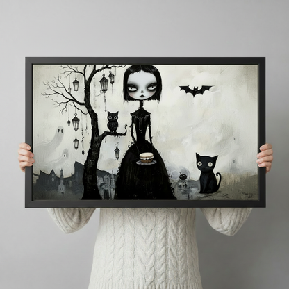 Person holding a black-framed gothic art print showing a dark whimsical girl with owl, black cat, bat and ghost silhouettes, demonstrating print size and quality

