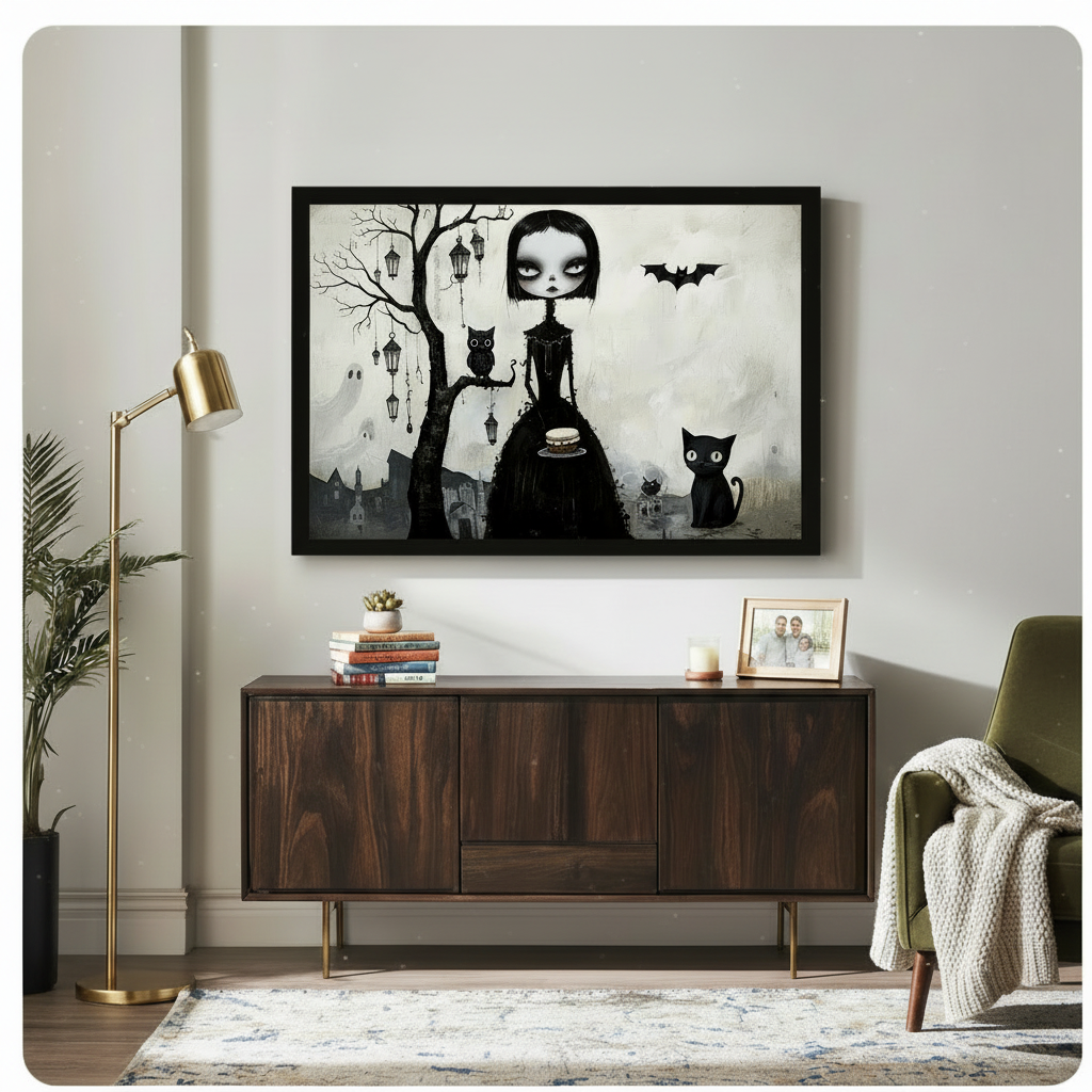 Framed dark whimsical gothic girl wall art with black cat, owl, bat and haunted lantern tree, displayed above a dark walnut sideboard in an eclectic living room with brass floor lamp