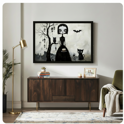 Framed dark whimsical gothic girl wall art with black cat, owl, bat and haunted lantern tree, displayed above a dark walnut sideboard in an eclectic living room with brass floor lamp