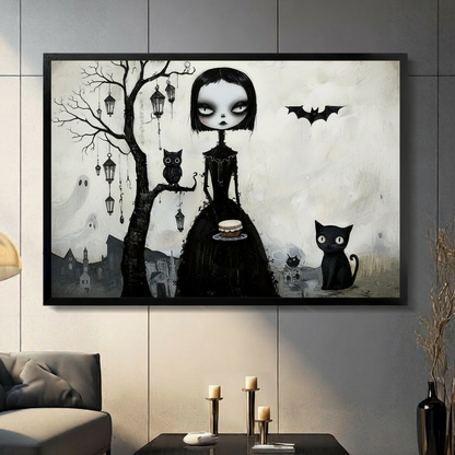 Framed gothic wall art canvas featuring a big-eyed girl in black dress with owl, black cat, bat and hanging lanterns, displayed in a modern living room above a console table