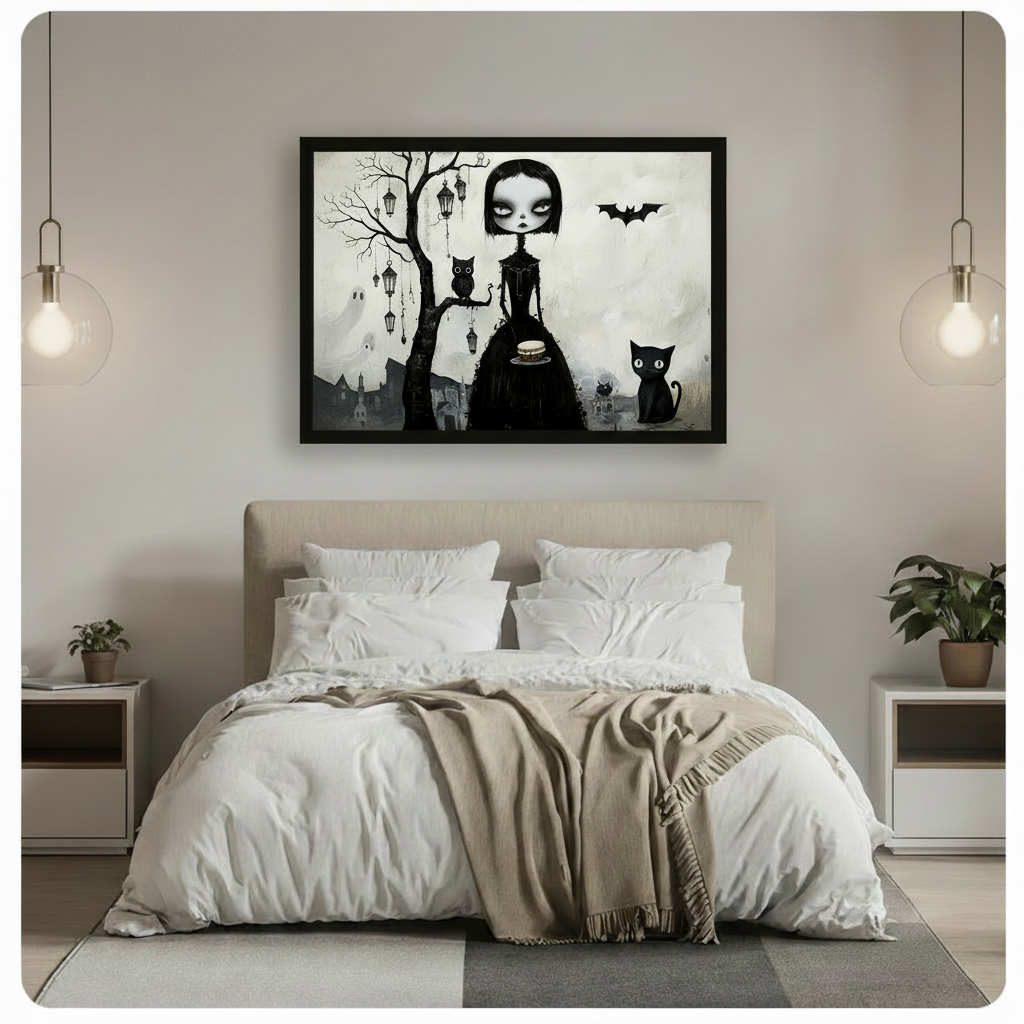 Black framed gothic canvas wall art with big-eyed girl, owl, black cat and bat motifs hung above a neutral linen bed in a minimalist bedroom with pendant lighting